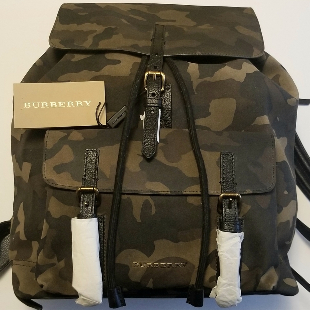 Burberry London Camouflage Brown and Green Suede Leather Backpack